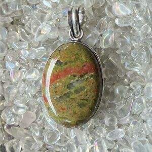 Unique Oval Unakite Genuine Gemstone Pendant in Sterling Silver